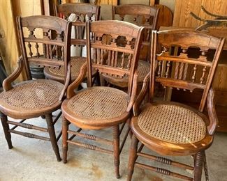 Five Antique Wooden Chairs with Caned Seats