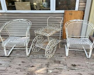 White Metal Garden Chairs & Tea Cart