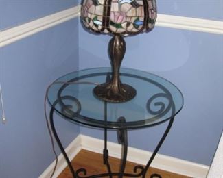 glass top table and mosaic glass lamp