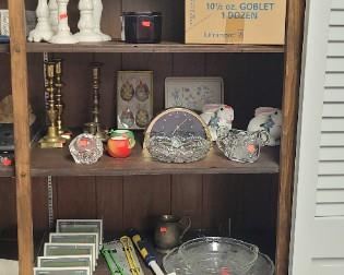 Candlesticks, canisters, wine glasses frames, flatware wood box