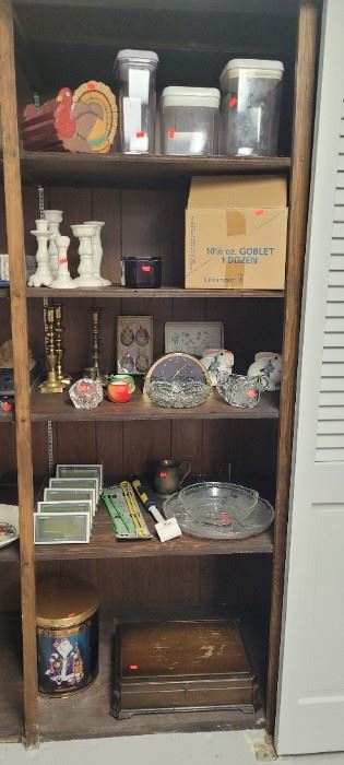 Candlesticks, canisters, wine glasses frames, flatware wood box