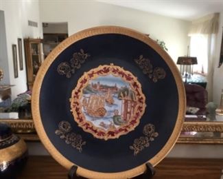 12” gold trimmed blue plate