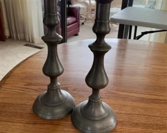 Pair hand forged pewter candle holders
