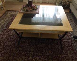 3’square glass and wood coffee table