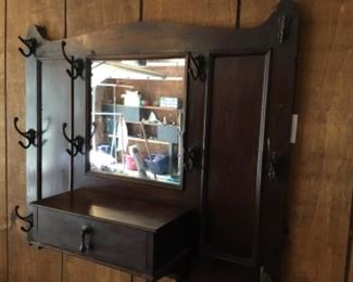  Vintage Wood  entry mirror with drawer (some hooks need replacing)