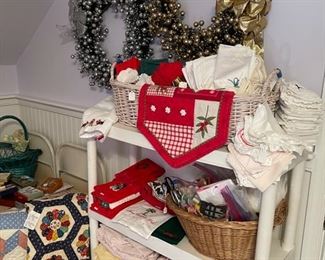 Christmas wreaths, holiday linens and sewing items
