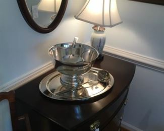 One of three punch bowls. Silver-plate, glass and Lenox