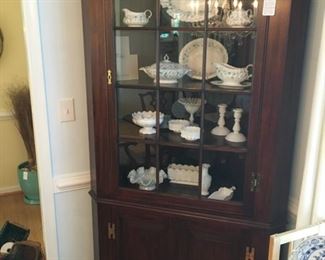 Henkel Harris corner cupboard. Inside: Royal Dolton "Waverley" serving pieces. Nice milk glass