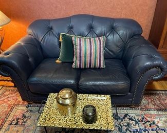 Italian Blue Leather Tufted Sofa