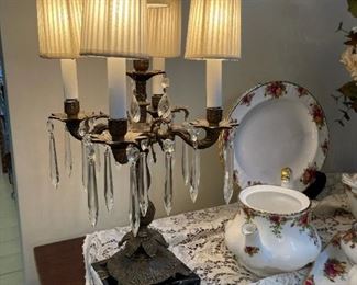 PAIR - Ornate Brass and Marble Electric Candelabra(s) with Crystal Drops