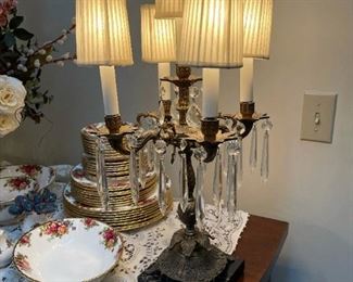 PAIR - Ornate Brass and Marble Electric Candelabra(s) with Crystal Drops