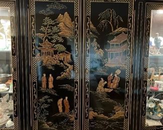 Vintage Asian Black Lacquer Chinoiserie Display Cabinet / Hutch