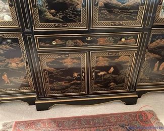 Vintage Asian Black Lacquer Chinoiserie Display Cabinet / Hutch