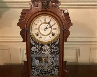 ANSONIA CARVED CLOCK WITHSTENCILED GLASS