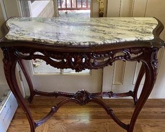 MARBLE TOP DEMI LUNE CARVED TABLE