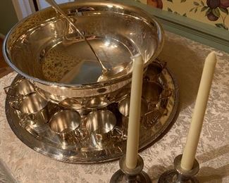 Dining Room 
Silverplate punch bowl set, sterling candlesticks