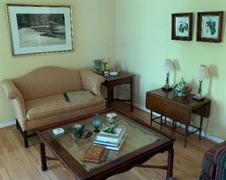 Living Room 
Settee, Gordon Muck watercolor (#2), Stickley coffee table, drop leaf coffee table,  Stickley end table, pair of cloisonné lamps