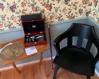 Dining Room 
Set of 4 captain chairs, brass handled cane, Brookstone Wine Set, Sun dial