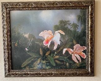 Beautifully Framed Painting Print on Wrapped Canvas. "Jungle Orchids & Hummingbirds" by Martin Johnson Heade, "1872". Touch of class that measures 33 3/4" wide x 27 1/2" long.  