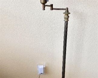 Art Deco Brass Swing Arm Floor Lamp. Onyx Marble Alabaster Base with Glass Shade.