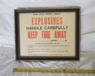 $40 obo -Lehigh Valley "explosives" box car placard, original, not reproduction, framed.