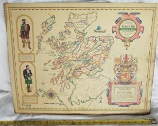 $60 obo -Ushers Green Stripe Scotch Whiskey... bar or liquor store  vintage Clan Map of Scotland; is approx 22" wide,  heavy cardboard ....freestanding, has easel stand on back, rough around the edges, still overall very nice.
