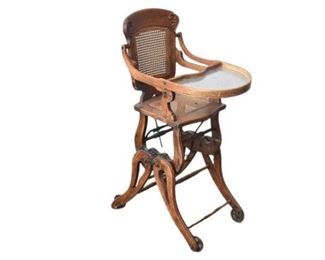 21. Wooden Childs Highchair With Cane Back and Seat
