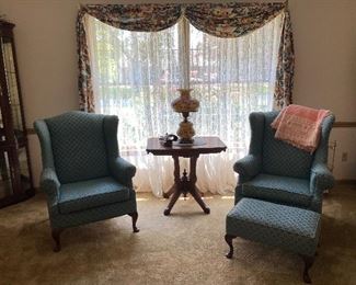 Wingback Chairs, Antique Accent Table