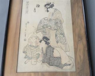 Antique "The Eighth Month" by Kikukawa Eizan  
Antique oriental art with glass frame. This is a woodblock print entitled "The Twelfth Month (Gokugetsu), from the series "Fashionable Twelve Months of Precious Children" (Fûryû kodakara jûni tsuki) by artist Kikukawa Eizan (Japanese, 1787–1867). Fair to good vintage condition.
Print: 15.55" x 10.55"
Backing: 20.25" x 15.125"
Painted composite/glass rounded edged frame w/ wire hanging and faux wood grain border: 21" x 16"