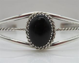 Signed "S" Sterling Onyx Navajo Cuff Bracelet