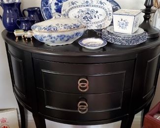 Cute entryway half circle black table (modern), Blue transferware and flow blue pottery