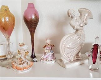 John Barber hand blown art glass oil lamps, vintage Lefton porcelain angels, Roselane porcelain figurine