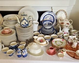 Gibson basic white dinnerware, Johnson Bros blue transferware