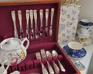 Spode Imperial Garden bowl with box, antique tea cups, International Silver silverplate service for 8