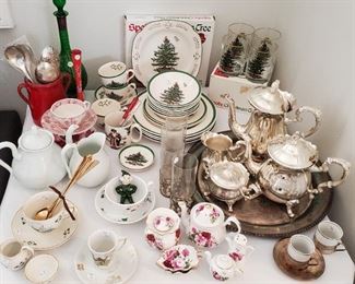 Leonard silverplate coffe/tea service, Spode Christmas Tree dishes, glasses, platter and napkins (not shown), vintage green "I Dream of Jeannie" style decanter, more antique teacups (so many teacups!)