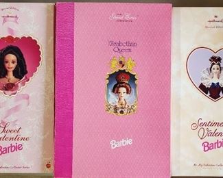 Sweet Valentine Barbie, Sentimental Valentine Barbie, Elizabethan Queen Barbie - all new/old in boxes