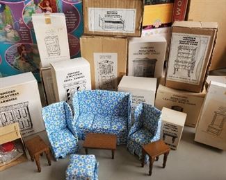 Vintage dollhouse furniture with boxes - armoires, side tables, sofa and chairs bed with underdrawer and more