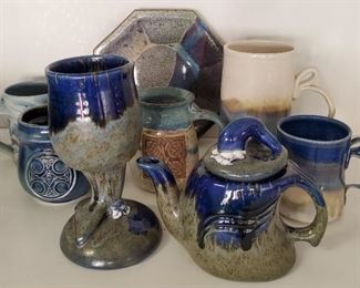 Wylie pottery goblet and teapot, more signed Renaissance Pleasure Faire signed pottery pieces