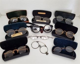 Antique spectacles in cases (there are more glasses, including 14k, gold filled and sterling - not all shown), one pair of steampunk goggles