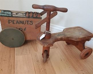 Cute wooden peanuts pull wagon toy, antique Kiddie Kar wooden tricycle