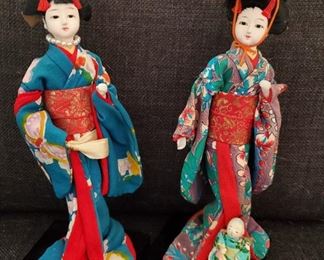 Vintage Japanese dolls in silk kimono