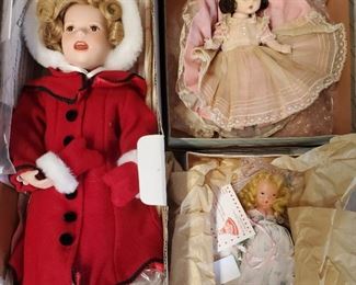 Shirley Temple caroler doll, Alexander-kin Meg doll, Storybook doll