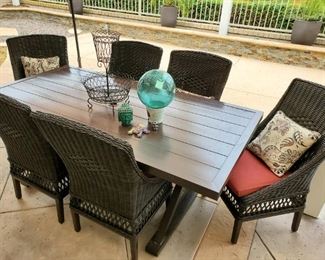 Hampton Bay patio metal patio table and 6 chairs - like new condition, antique signed Japanese fishing float