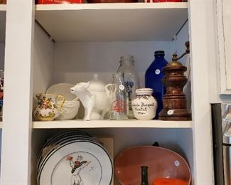 Vintage Tins, creamery bottles. Williams Sonoma skating chef dessert plates, restaurant pottery