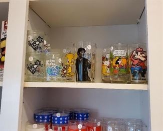 Vintage glasses and jelly jar glasses: Disney, Looney Toons, American Flags, Elvis, Coca-Cola