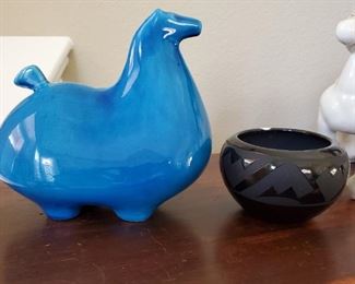 Vintage ceramic horse "piggy" bank, Ortiz studios Chimayo black pottery bowl