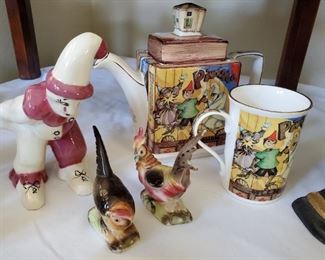 Sadler Pinocchio tea pot and mug, vintage ceramic clown, vintage pheasant salt and pepper shakers