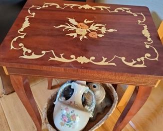Wood inlaid storage side table - musical (plays when you lift the lid)