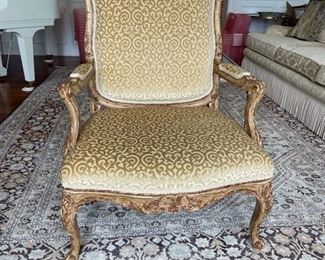 Pair of Nancy Corzine upholstered armchairs with matching silk upholstered backs. Each chair measures 32" W x 27" D x 47" H. Photo 1 of 6.