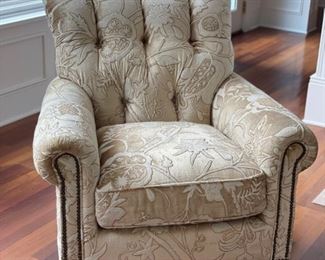 Lillian August armchair upholstered in velvet crewel fabric with nailhead trim. Measures 40" D x 35" W.